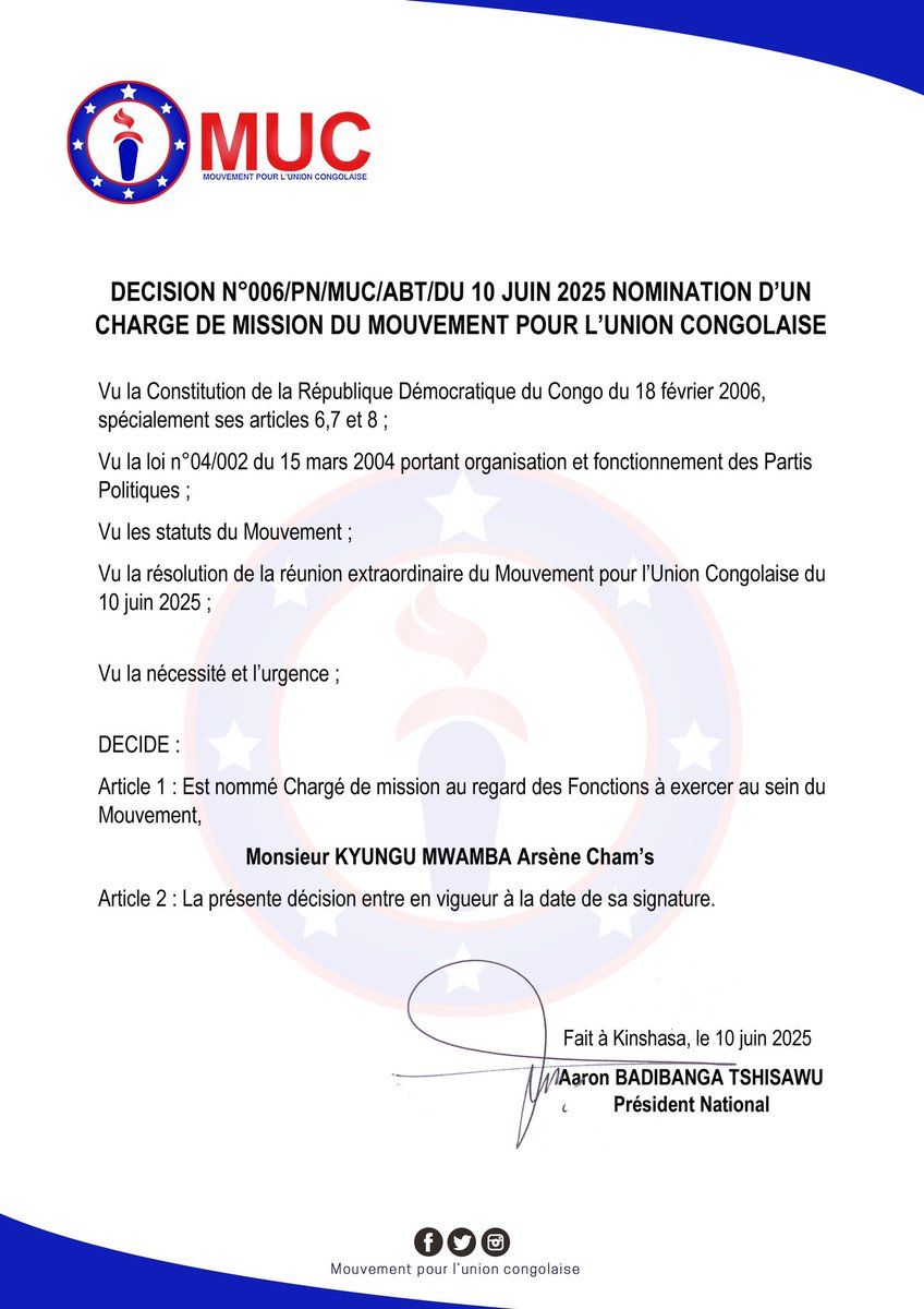 Mouvement pour l’Union Congolaise (@mouvementunion) on Twitter photo Message de félicitations
Chers membres,
C’est avec une grande joie et beaucoup de fierté que nous adressons nos plus sincères félicitations à toutes les personnes récemment nommées au sein de notre parti politique.
<a href="/ATshisawu/">Aaron Badibanga Tshisawu</a> <a href="/IlungaGede69028/">Ilunga Gédéon</a> <a href="/omega_kasavubu/">Oméga Kasa-vubu The Godsend⚖️</a> <a href="/jkalumba49/">Jonathan Kalumba</a> Message de félicitations
Chers membres,
C’est avec une grande joie et beaucoup de fierté que nous adressons nos plus sincères félicitations à toutes les personnes récemment nommées au sein de notre parti politique.
<a href="/ATshisawu/">Aaron Badibanga Tshisawu</a> <a href="/IlungaGede69028/">Ilunga Gédéon</a> <a href="/omega_kasavubu/">Oméga Kasa-vubu The Godsend⚖️</a> <a href="/jkalumba49/">Jonathan Kalumba</a>