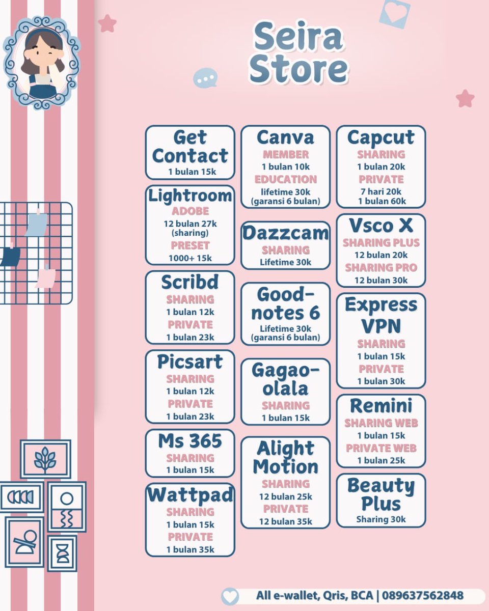 WTB WTS SELL APLIKASI PREMIUM MURAH BERGARANSI &amp; TRUSTED

WETV IQIYI NETFLIX BSTATION PICSART CANVA YOUKU HBO YOUTUBE DISNEY PRIME VIDEO GAGAOOLALA VIDIO GOODNOTES DAZZCAM

order ke : s.id/wa-seira

#zonauang