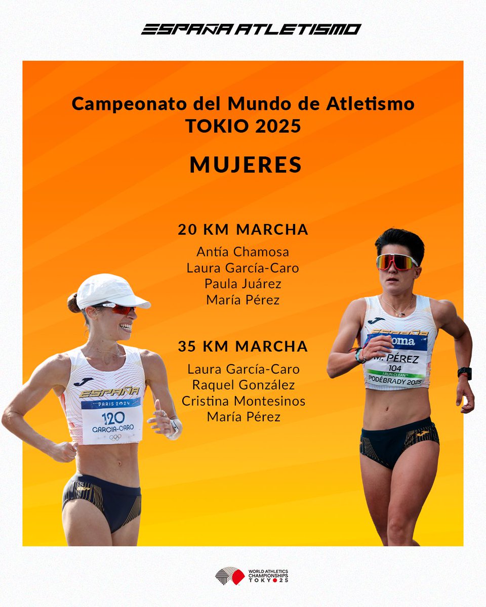 atletismoRFEA's tweet image. El Road to @WATokyo25 de #EspañaAtletismo empieza hoy 🤩

Marcha y maratón con campeones olímpicos, mundiales y europeos al Mundial de Tokio 😮‍💨

Conoce a los primeros 1️⃣5️⃣ atletas (9 🚺 y 6 🚹) que irán cargados de #PasiónPorCompetir a la gran cita del año 🌎 

Preselección 🔗…