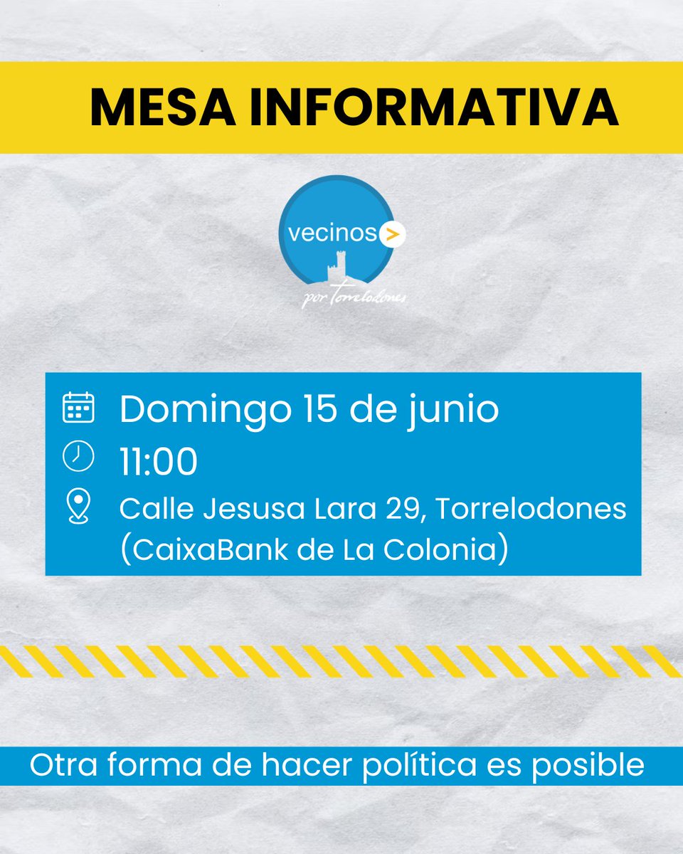 Este domingo 15 de junio a las 11:00 te esperamos en nuestra mesa informativa en Calle Jesusa Lara 29 (frente al CaixaBank de La Colonia). Ven a charlar con nosotros, compartir tus ideas y conocer otra forma de hacer política.  
#SomosVecinos #SomosdeTorre #Torrelodones