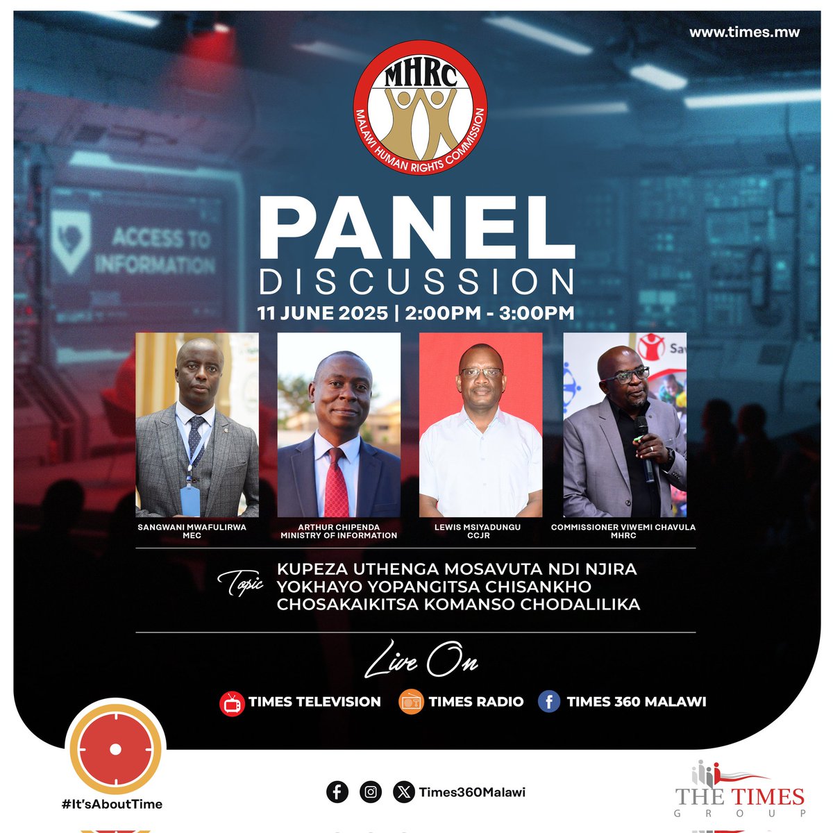 Transparency starts with access to information! 📢 Join the conversation on how information empowers credible elections. Tune in live on Times Television, Times Radio, and Times 360 Malawi today at 2:00 PM - 3:00 PM. Let’s make democracy work for all! 🗳️ #HumanRightsForAll🇲🇼
