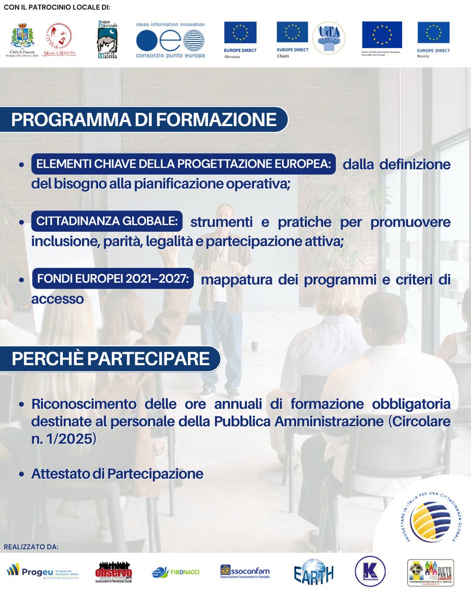 #ProgettareinItalia fa tappa a #Pescara!

Una settimana formativa gratuita sull'#Europrogettazione

Apprendi gli strumenti per accedere ai #finanziamentieuropei e valorizzare il tuo territorio

Clicca qui per candidarti: progettare-in-italia.progeu.org/iscriviti/

#progeu #formazione #europa