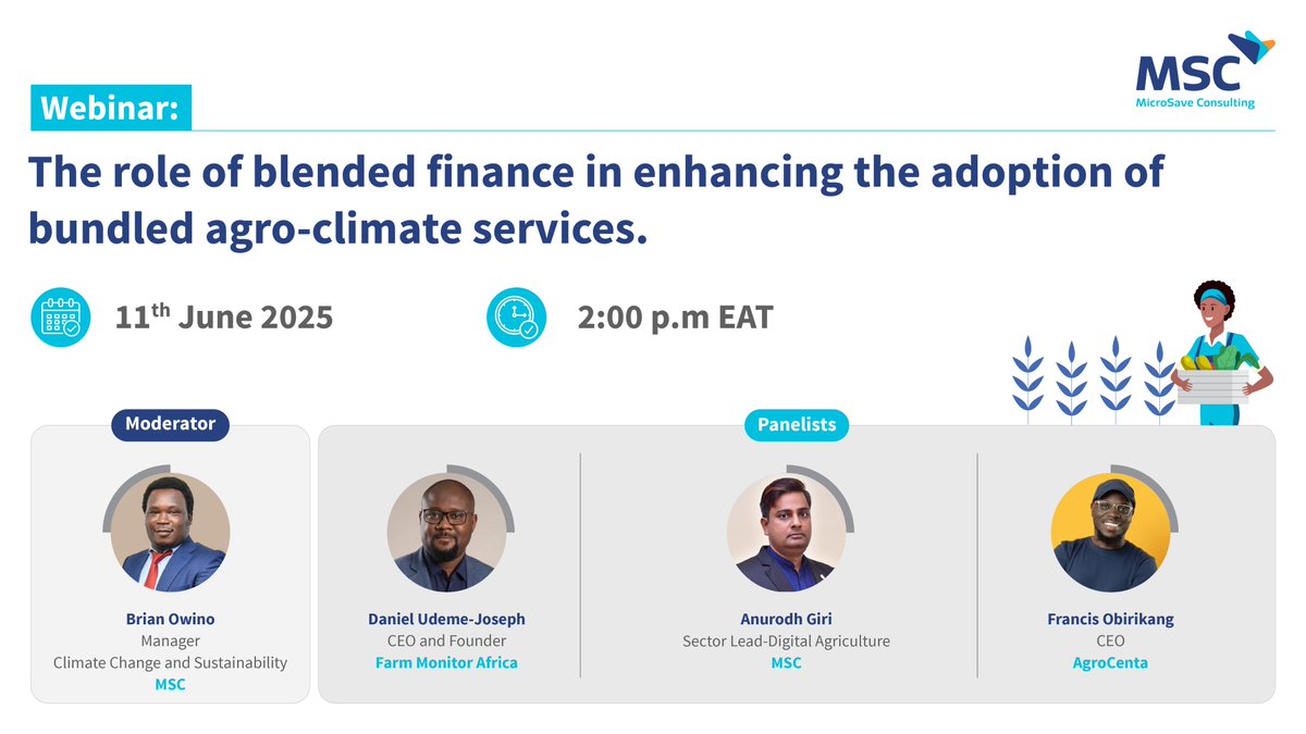Our webinar on “The role of blended #finance in improving the uptake of bundled agro-climate services” is live 𝐭𝐨𝐝𝐚𝐲 𝐚𝐭 𝟐 𝐩.𝐦. 𝐄𝐀𝐓. You still have time to register. Secure your spot here: tinyurl.com/3apnjewr

#ClimateFinance #Transparency #Sustainability
