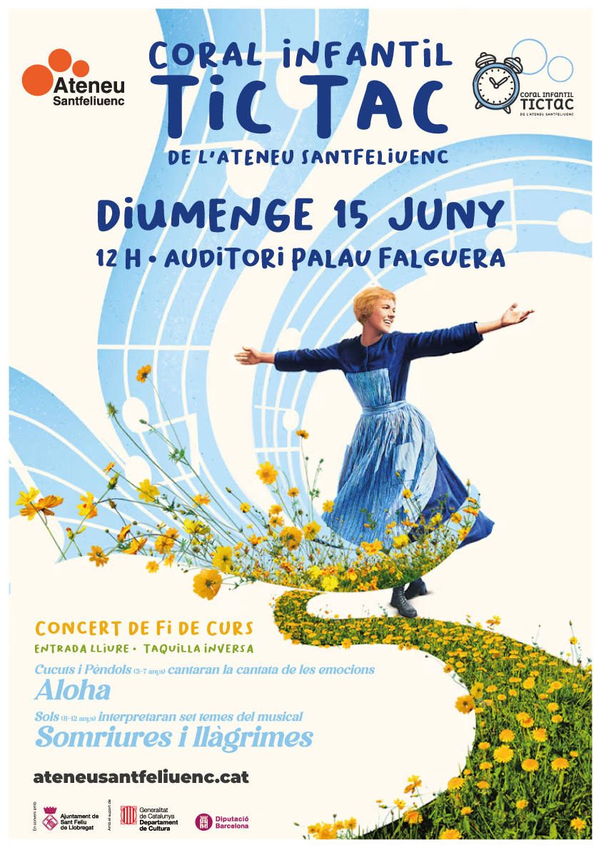 La Coral Infantil Tic Tac de l’Ateneu celebra el seu fi de curs el 15/6 a les 12 h a l’Auditori del Palau Falguera. Cantaran la cantata de les emocions “Aloha” i set temes del musical “Somriures i llàgrimes”. L’entrada lliure amb taquilla inversa.