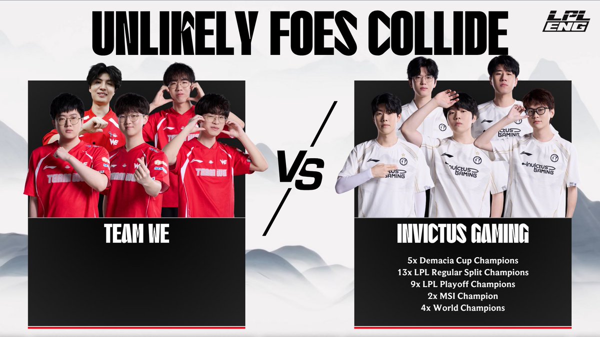 LPL English (@lpl_english) on Twitter photo OLD RIVALRIES. NEW FACES.
<a href="/TeamWE/">TeamWE_Official</a> vs <a href="/invgaming/">Invictus Gaming</a>‼️
Team of Surprises vs Team of Supers‼️
🎙️: <a href="/AlkBattery/">AlkBattery</a>
🎙️: <a href="/speedygrapes/">Andrew "Grapes" Hau 🍇</a>
🎥: <a href="/ChippyG4/">Chippy</a> OLD RIVALRIES. NEW FACES.
<a href="/TeamWE/">TeamWE_Official</a> vs <a href="/invgaming/">Invictus Gaming</a>‼️
Team of Surprises vs Team of Supers‼️
🎙️: <a href="/AlkBattery/">AlkBattery</a>
🎙️: <a href="/speedygrapes/">Andrew "Grapes" Hau 🍇</a>
🎥: <a href="/ChippyG4/">Chippy</a>