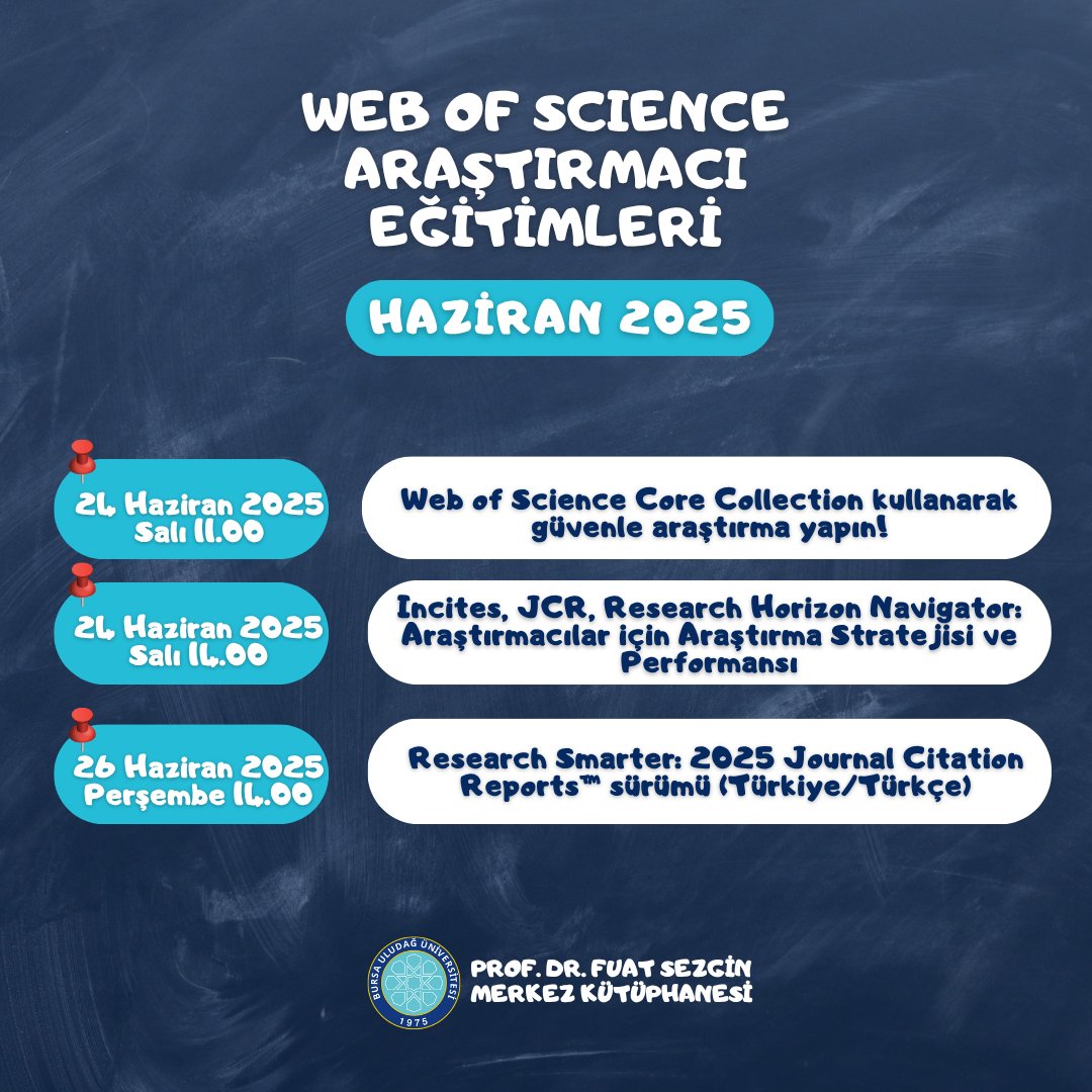 🤓  Web of Science 2025 yılı Haziran ayı Araştırmacı Eğitimlerini Takviminize Not Edebilirsiniz!  
🖱  Detaylı bilgi ve kayıt için aşağıdaki linkten yardım alabilirsiniz!
uludag.edu.tr/tr/kutuphane/w…
#uludagkutuphane
#kutuphanesizeyeter
#ekaynaklar