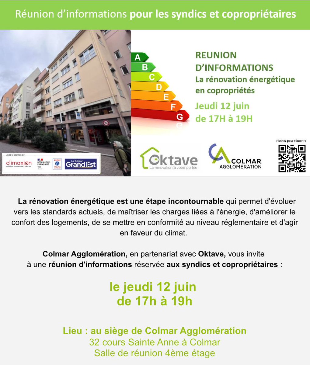 Rénovation énergétique en copropriété : une opportunité à saisir !
Oktave et Colmar Agglo vous proposent une réunion d’information dédiée aux copropriétaires et syndics. 12 juin de 17h à 19h - Colmar Agglomération
📷 Inscription obligatoire : oktave.fr/colmar/