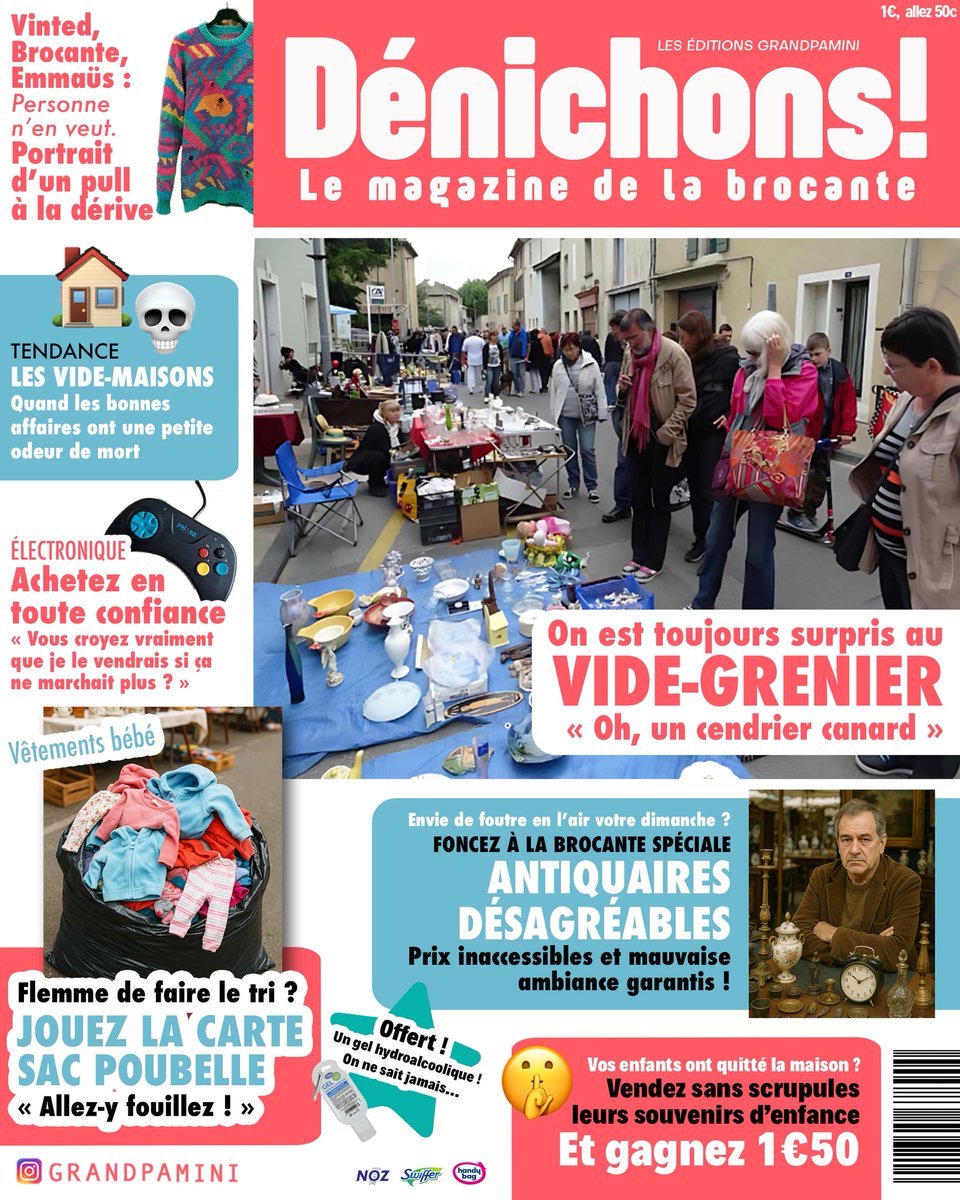 Un Mercredi sur deux, Les Éditions Grandpamini vous proposent une publication passionnante. Cette semaine découvrez « Dénichons ! Le magazine de la brocante » Toute l’actu de l’antichambre de la poubelle // Spécial bisous 💋 à la redac’ #grandpaminiedition CECI EST UNE PARODIE