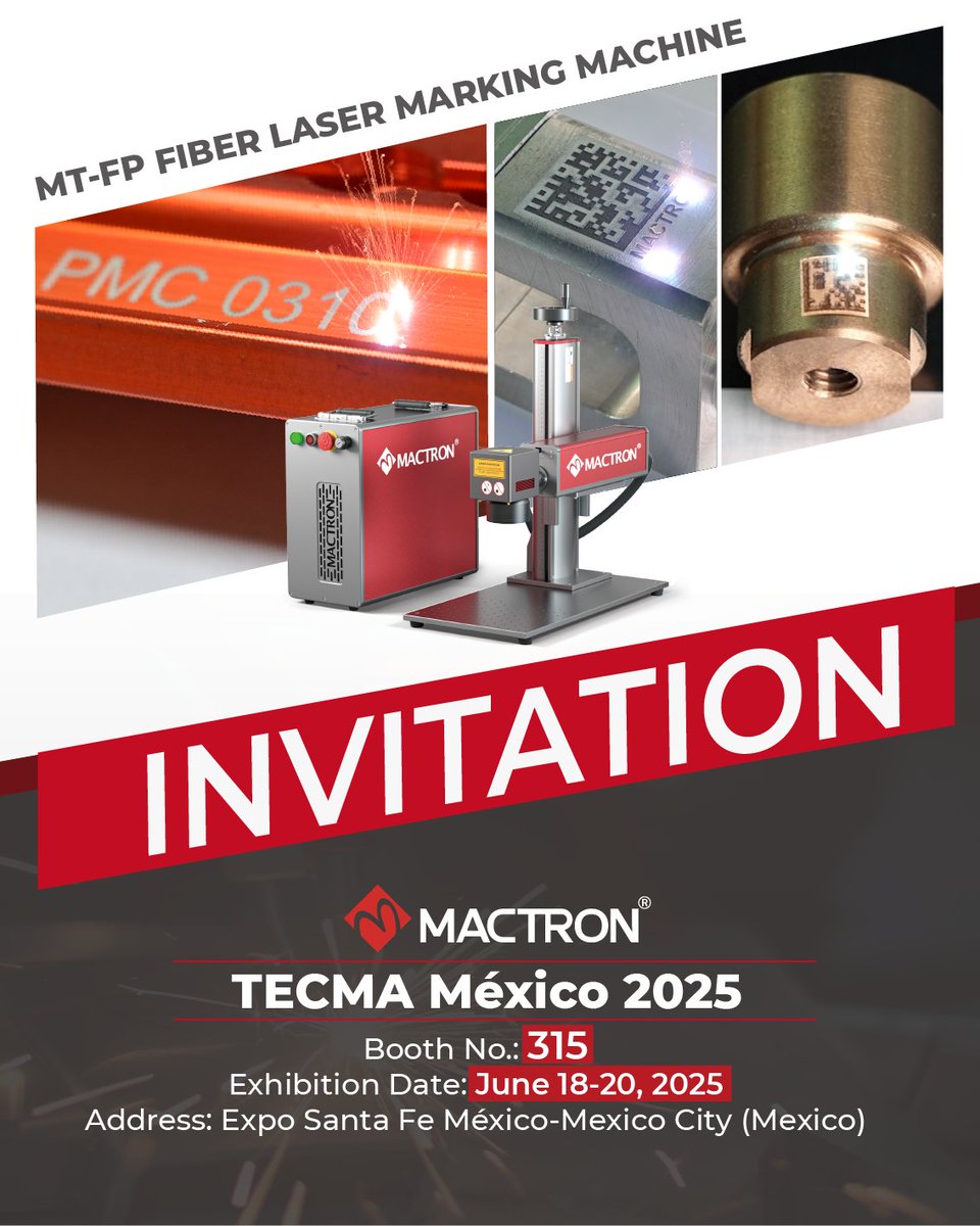 mactron_tech's tweet image. 🔥7 Days to Go! Mexico Awaits!🔥
📢 Only 7 days left until TECMA México 2025! From June 18–20, Mactron Tech will be expecting you at Booth 315, Expo Santa Fe México!

📩 Act Now:
📧 Email: info@mactrontech.com
🌐 Register on our website: mactrontech.com

#mactronlaser