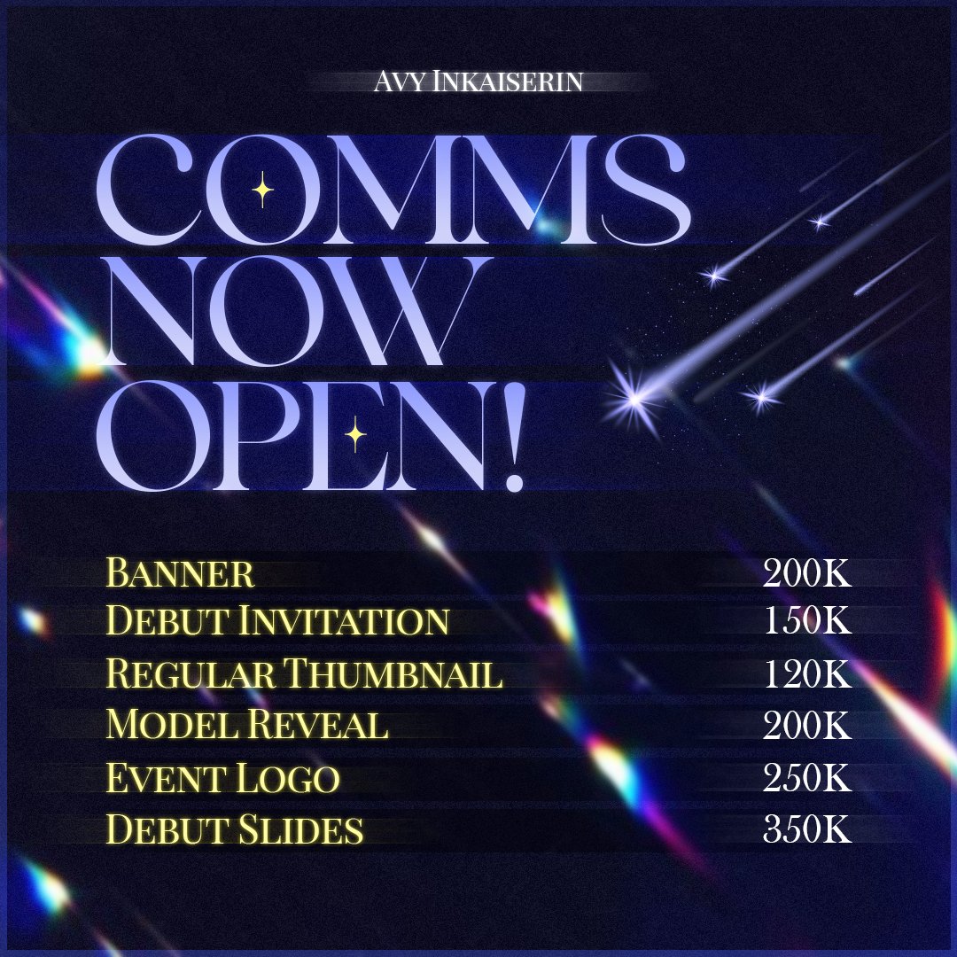 Halo! Aku OPEN COMMISSION lagi untuk Graphic Design!

Mau tanya-tanya dulu? Boleh banget! ✨
💽Portfolio: fori.io/inkaiserin

Cek harga dan detail?
💵Pricelist: bit.ly/AvysPricelist

Cek progress?
🛠️Waitlist: bit.ly/AvysWaitlist

Ditunggu kerjasamanya~
Thank you! 🥳