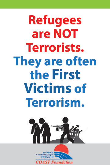CoastFoundation's tweet photo. Refugees are NOT Terrorists.
They are often the First Victims of Terrorism.
#Refugees #RefugeeRights #RefugeeDay @CoastFoundation @UNHCR_BGD @UNHumanRights @Refugees @RezaKChyBD @COASTResponse @UNICEFBD @Tearfund https://t.co/4dVZ3WUEV1