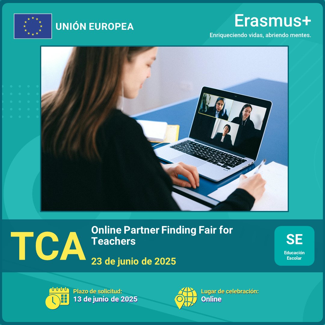TCA online para docentes de educación infantil y primaria que participen en proyectos Erasmus+ KA1 en el sector de la educación escolar. El objetivo es debatir sus proyectos y encontrar colaboradores.
23 de junio de 15:00 a 16:30.
Solicitudes 13 de junio.
sepie.es/tca.html