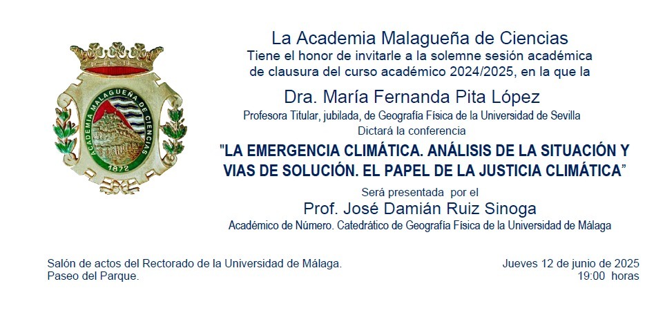 Seguro que te interesará asistir a la conferencia de la Dra. Fernanda  Pita López, titulada "La Emergencia Climática, Análisis de la Situación y Vías de Solución. El Papel de la Justicia Climática". El jueves 12 de junio a las 19:00h en el Rectorado #UMA. 
#NoTeLaPierdas