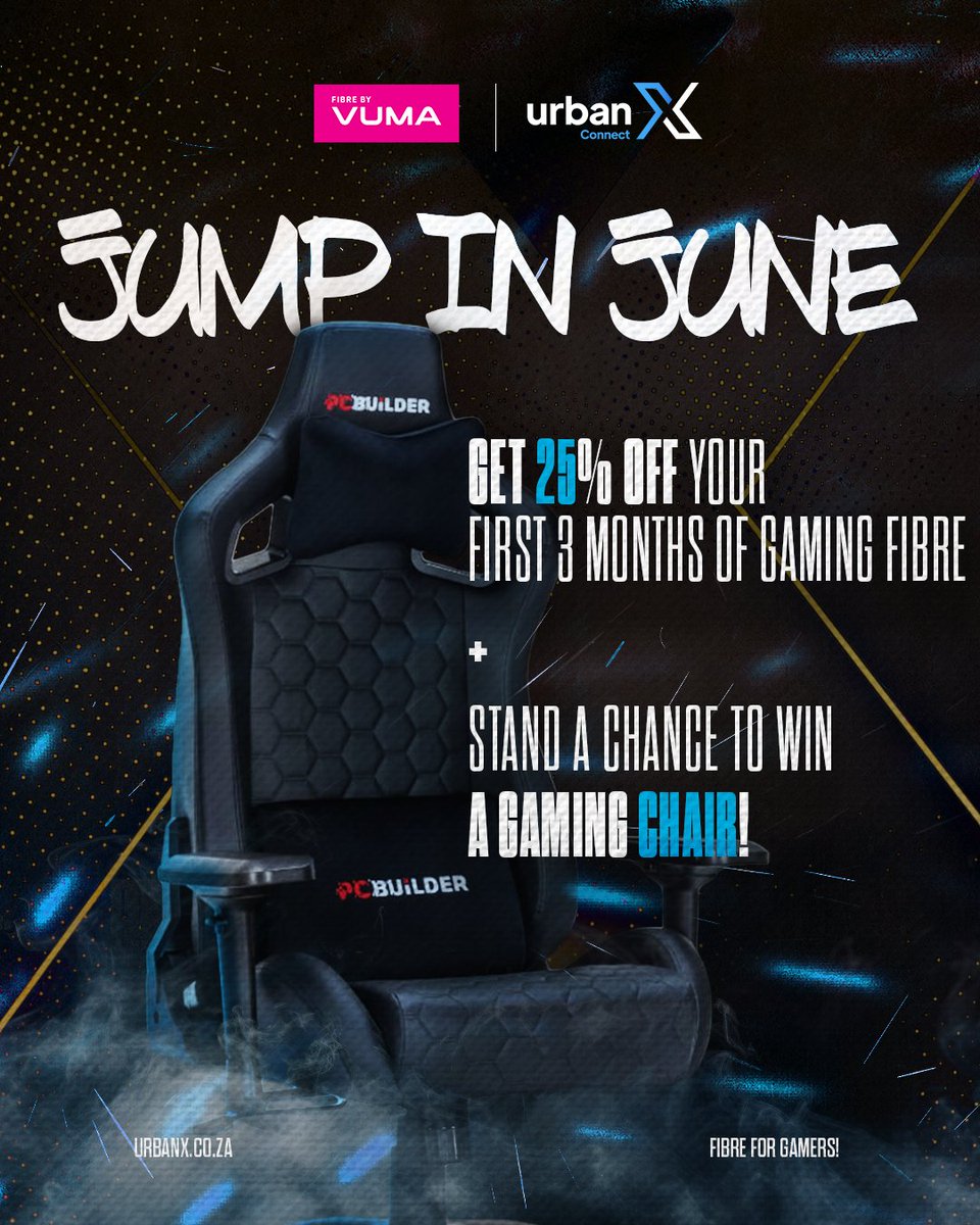 🚨 Gamers, it’s GO time!

Sign up with Urban X &amp; Vumatel this June and slash 25% OFF your first 3 months ⚡
PLUS -  You stand to WIN a PCBuilder Navigator X Gaming Chair!🕹️💺

Built for speed. Tuned for battle.

Learn more here → urbanx.co.za/news/jump-in-j…

📅 Ends 30 June
T's &amp;C’s