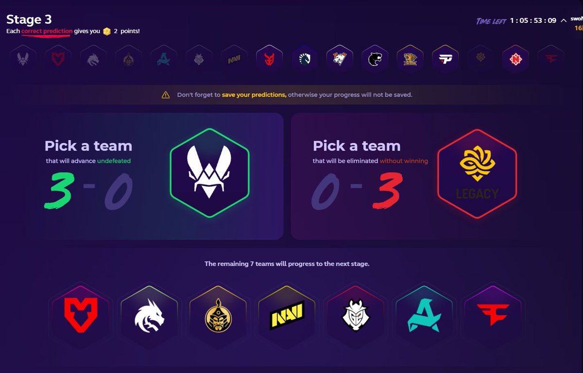 Time for Stage 3 predictions, it can only get better... right? 😅 Dont forget to lock your picks until tomorrow 🧐 
👉 l.skin.club/SWANIPICKEMAUP… #ad