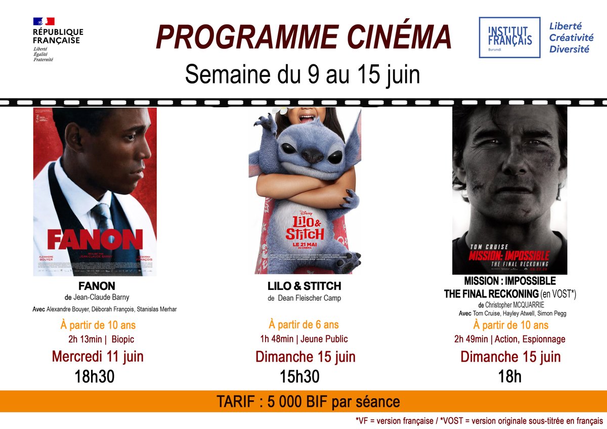 CINÉMA
📅 Ce mercredi 
🕞 À 18h30 : CINÉMA
Fanon
📅 Ce dimanche 
🕞 À 15h30 : CINÉMA JEUNE PUBLIC
Lilo &amp; Stitch, le remake en live action du classique Disney👨‍👩‍👦‍👦
🔸 À partir de 6 ans
🕕 À 18h : CINÉMA
Mission : Impossible - The final Reckoning, le dernier film de la saga évènement