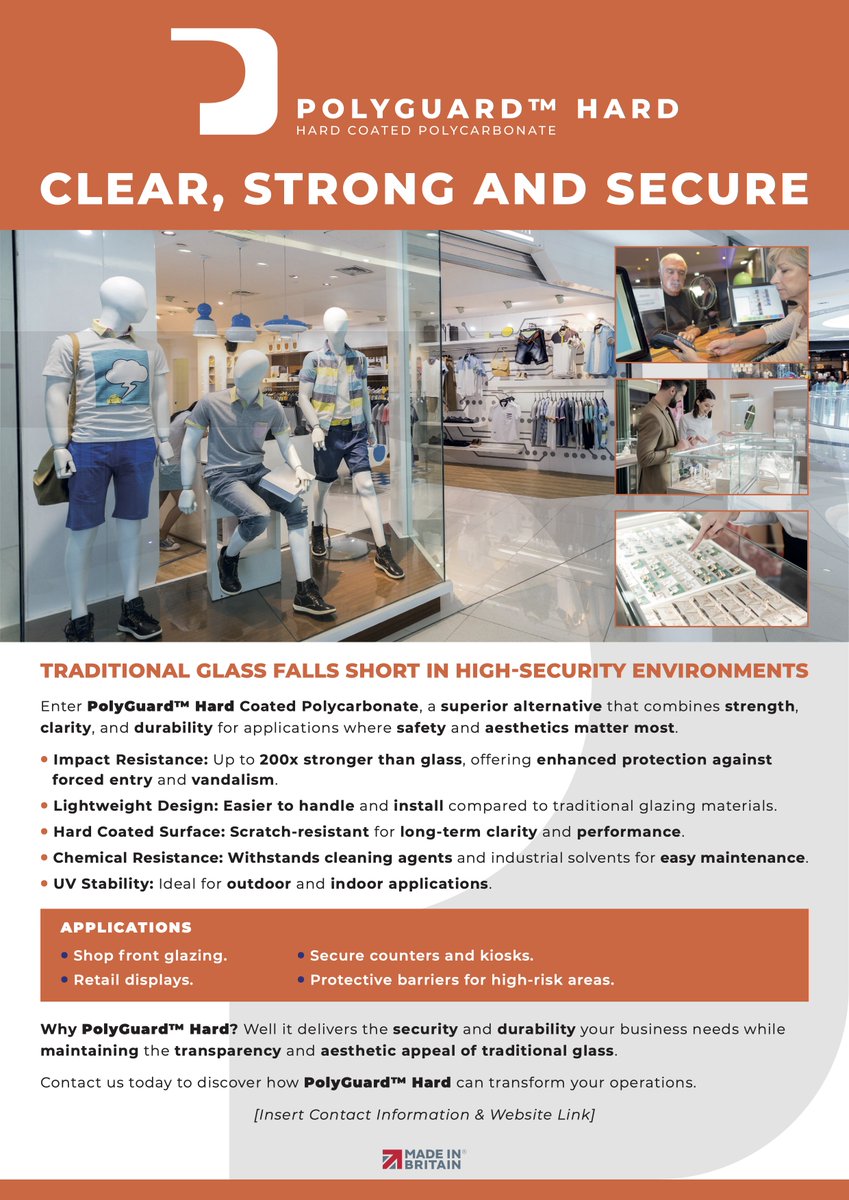 Discover PolyGuard™ Hard, the superior choice for security glazing in shops and high-risk environments. 

Engineered to outperform traditional glass, it offers unmatched durability, impact resistance, and clarity, providing enhanced protection without compromising aesthetics.