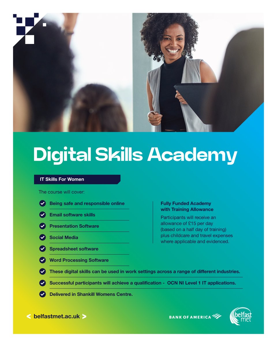Gain real-world digital skills—from spreadsheets to social media—and build a stronger path to employment.

💡Free course at Shankill Women’s Centre

🗓Wednesdays &amp; Thursdays for 16 weeks

Apply today!➡️bit.ly/3HPptdY

#DigitalAcademy #UpSkill #BelfastJobs