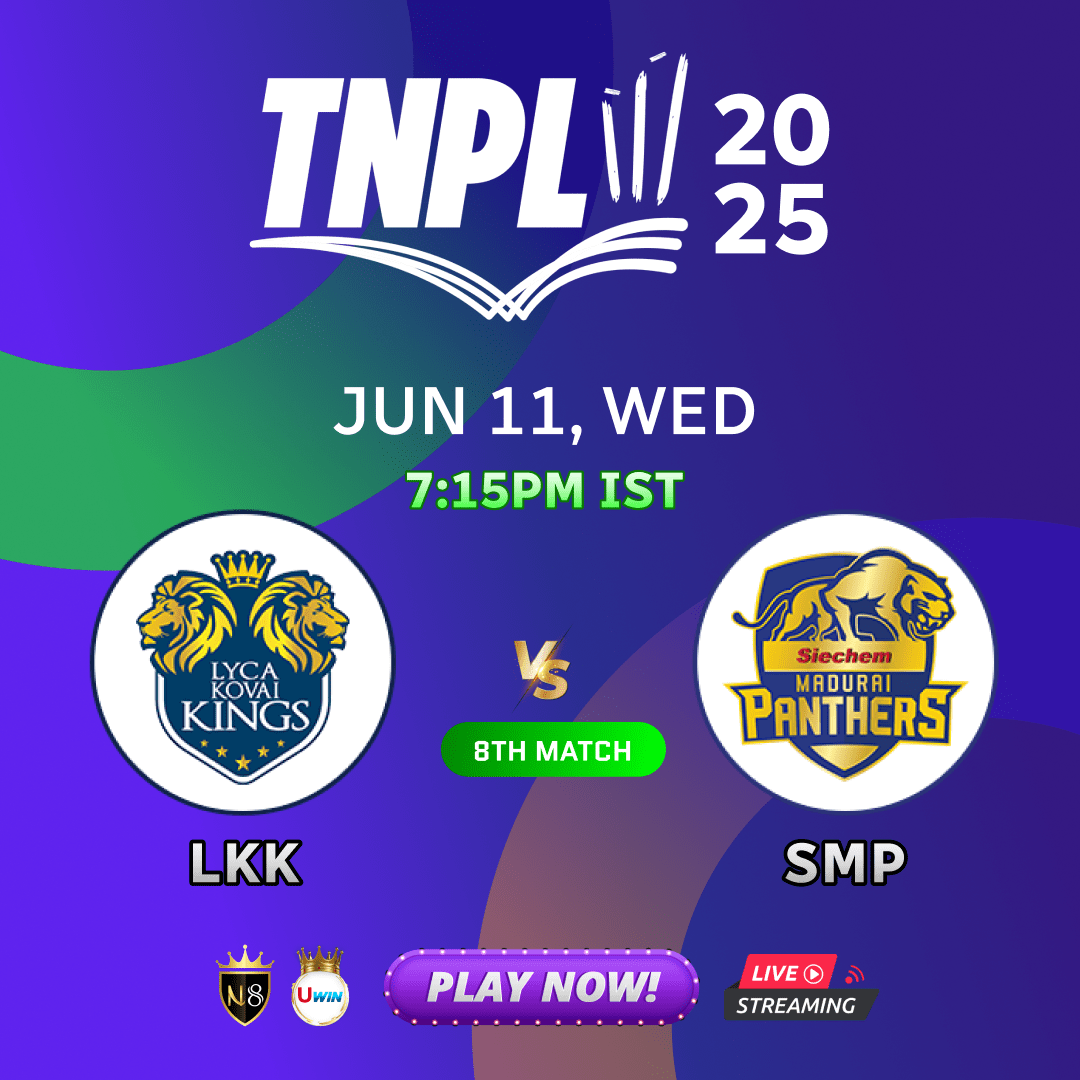 n8_social66758's tweet photo. 🔥 TNPL Showdown Tonight!
📍 Coimbatore | 🕢 7:15 PM
⚔️ Lyca Kovai Kings vs Siechem Madurai Panthers
Who will roar louder on the field? 💥
#TNPL2025 #LKKvsSMP #FantasyCricket #CricketTamilNadu #Play #CricketFever #LycaKovaiKings #MaduraiPanthers #T20Thrill #N8 #N8games #N8Casino https://t.co/kcW0NJUVjv