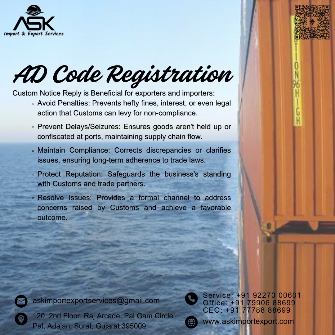 askimpoexpo's tweet image. Streamline your export-import operations with seamless AD Code Registration! Avoid penalties, prevent delays, and maintain robust compliance.
#ADCodeRegistration #ask #ASK #ASKImportExport