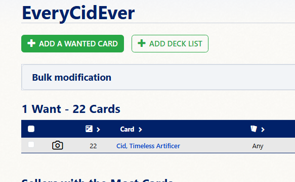mashupman's tweet photo. @CardmarketMagic This is what I've been doing, and it keeps stacking them anyway. Even if i use the Wants page and add them from the search, with the Expansion set to every version, it stacks it on the actual wants list. https://t.co/nnwePALrBv
