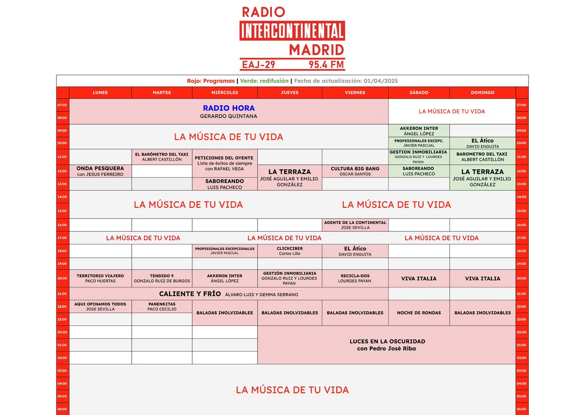 Canal 33 Madrid (@canal33) on Twitter photo Programación de Radio Intercontinental (95.4 FM) del mes de junio 2025 <a href="/RadioIntercon/">Radio Intercontinental Madrid</a>
radiointercontinental.net Programación de Radio Intercontinental (95.4 FM) del mes de junio 2025 <a href="/RadioIntercon/">Radio Intercontinental Madrid</a>
radiointercontinental.net