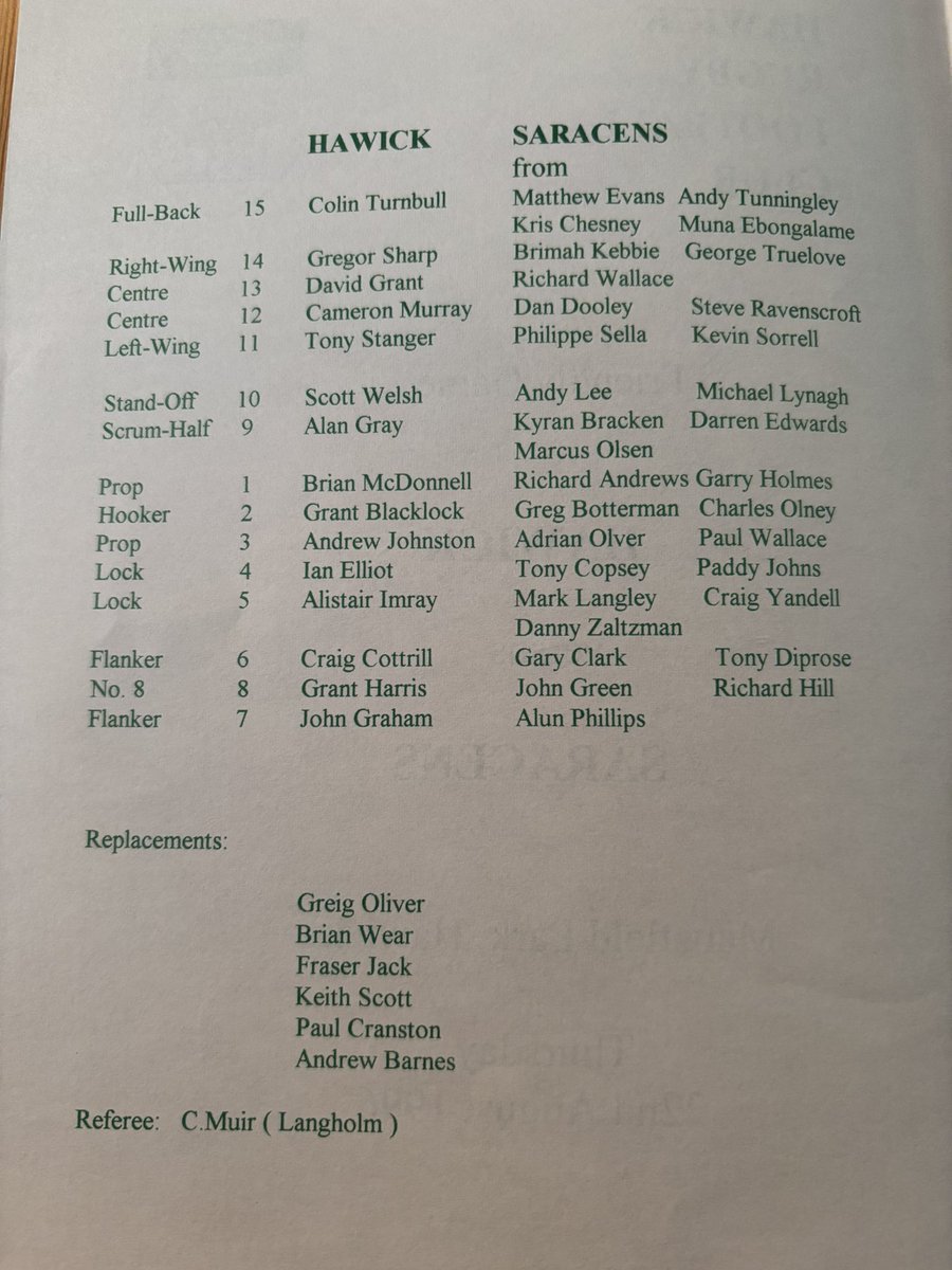 Hawick v Saracens 1996

<a href="/HawickRFC/">Hawick RFC</a> <a href="/Saracens/">Saracens Rugby Club</a> <a href="/sarriessupport/">Saracens Supporters Association</a> <a href="/RugbySaracens/">#RugbySaracens</a> <a href="/SaracensF/">Saracens Biggest Fan</a> <a href="/LynaghMichael/">Michael Lynagh</a> <a href="/SaracensARFC/">Saracens Amateur RFC</a> <a href="/kevsorrell/">Kevin Sorrell</a> <a href="/OTD_Saracens/">Saracens On This Day</a> <a href="/Derek_Douglas50/">Derek Douglas</a> <a href="/sarriesrugbynws/">SarriesRugbyNews</a> <a href="/RugbySco/">#rugbyscotland 🏉🏴󠁧󠁢󠁳󠁣󠁴󠁿</a> <a href="/SarriesPioneers/">Saracens Pioneers</a>
