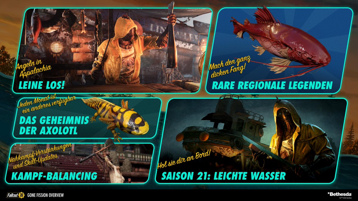 ICYMI: Das neue Update bringt Angeln nach #Fallout76!

Fangt rare regionale Legenden, jeden Monat neue Axolotls und es erwarten euch sogar glühende Fische in den Wasern rund um Appalachia. Leine los! 🎣
