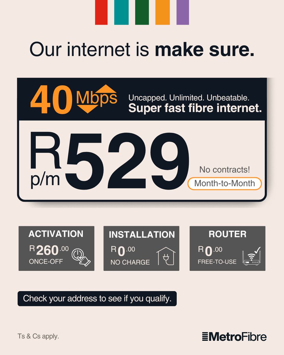 Don't let a dodgy connection put a damper on your weekend plans. If you're relying on prayers &amp; perfect weather for your internet, it's time to upgrade to super fast fibre: eu1.hubs.ly/H0kNJRc0

Packages are address dependent | Ts&amp;Cs apply | Only on the MetroFibre network
