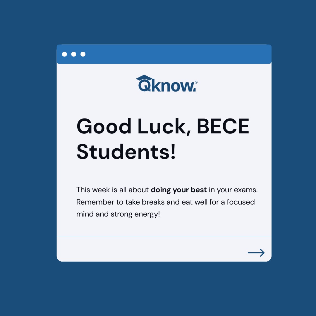 qknowedtech's tweet image. ✨📚 From the QKnow EdTech team to all BECE students starting your exams this Wednesday, good luck! ✍️📝
You’ve prepared well, and we believe in you! Stay focused, take short breaks to recharge, and give it your best. You’ve got this! 💪🎓
#QKnowEdTech #bece2025 #QKnowExams