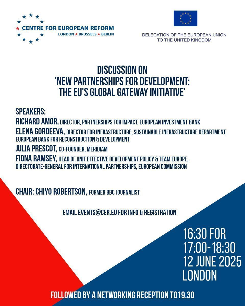 CER (@cer_eu) on Twitter photo 📅 JOIN US TOMORROW - London: <a href="/CER_EU/">CER</a>/<a href="/EUdelegationUK/">EU Delegation UK</a> discussion on 'New partnerships for development: The EU's Global Gateway initiative' with Richard Amor <a href="/EIB/">European Investment Bank</a>, Elena Gordeeva <a href="/EBRD/">The EBRD</a>, Julia Prescot <a href="/Meridiam/">Meridiam</a> & Fiona Ramsey <a href="/EU_Commission/">European Commission</a>
Email events@cer.eu for further info 📅 JOIN US TOMORROW - London: <a href="/CER_EU/">CER</a>/<a href="/EUdelegationUK/">EU Delegation UK</a> discussion on 'New partnerships for development: The EU's Global Gateway initiative' with Richard Amor <a href="/EIB/">European Investment Bank</a>, Elena Gordeeva <a href="/EBRD/">The EBRD</a>, Julia Prescot <a href="/Meridiam/">Meridiam</a> & Fiona Ramsey <a href="/EU_Commission/">European Commission</a>
Email events@cer.eu for further info