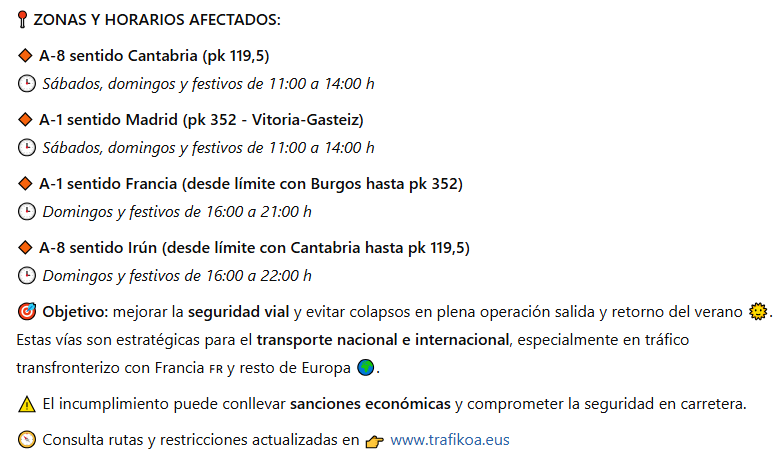 EuropaITS's tweet photo. 📆 Del 7 de junio al 7 de septiembre de 2025, el Gobierno Vasco activa restricciones de circulación para vehículos de más de 7.500 kg en tramos clave de la A-1 y A-8 durante fines de semana y festivos. https://t.co/oVziuaPVjp