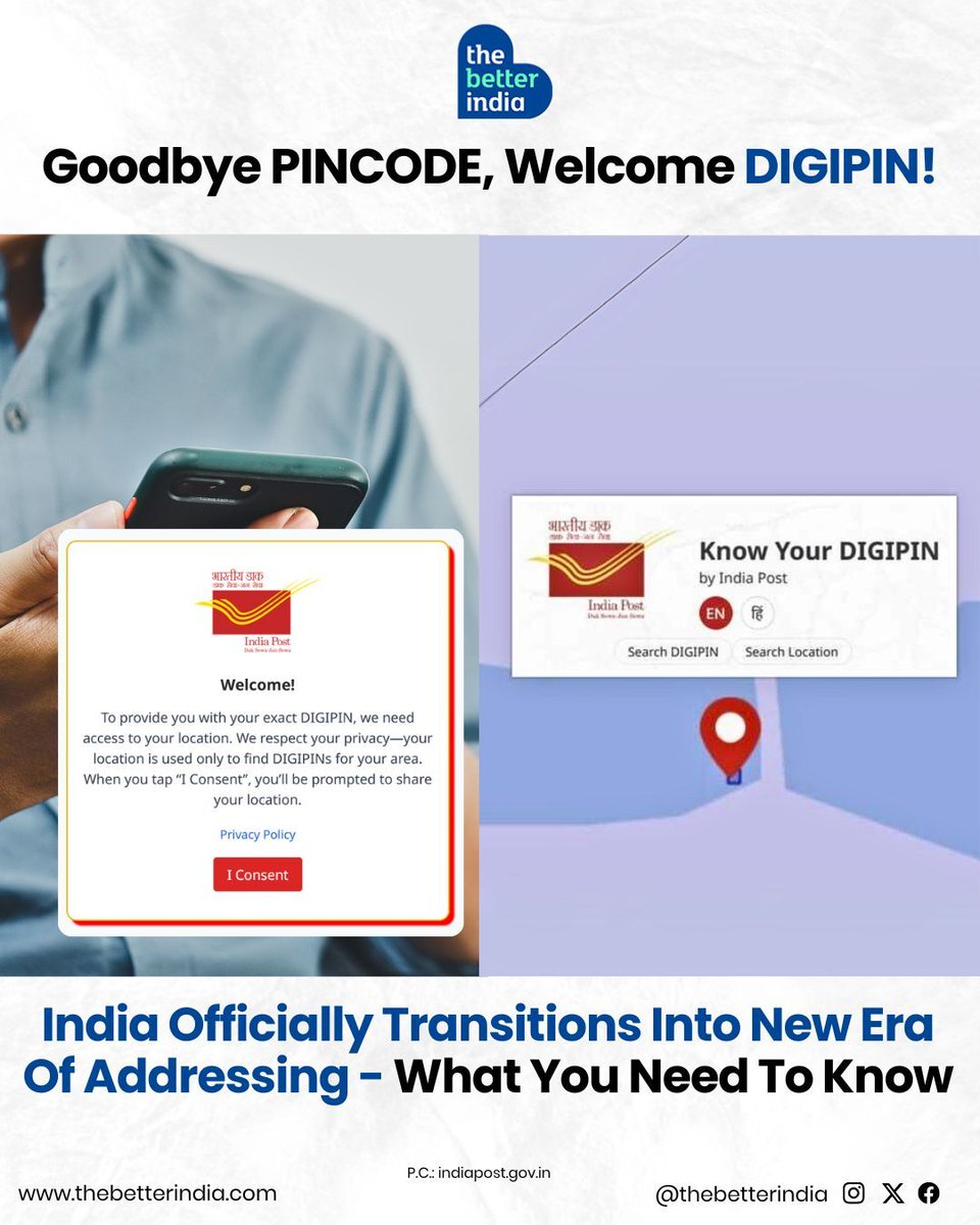 thebetterindia's tweet image. India just stepped into the future with DIGIPIN — a revolutionary way to find any address, down to 4x4 metres.

Built by India Post, ISRO &amp;amp; IIT Hyderabad, this tech isn’t just smart, it’s inclusive.
Swipe to decode DIGIPIN and see how it could change everything from deliveries to…