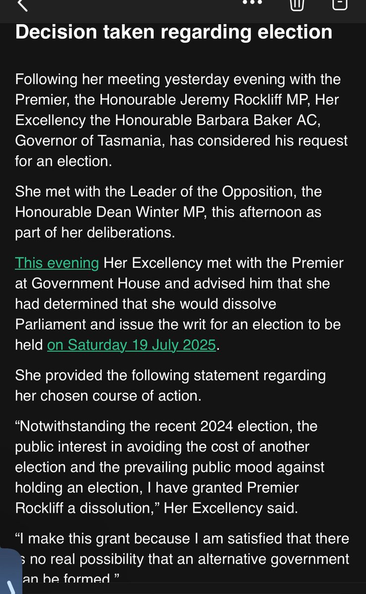 #breaking A Tasmanian state election will be held on July 19. 

Statement from the Governor: