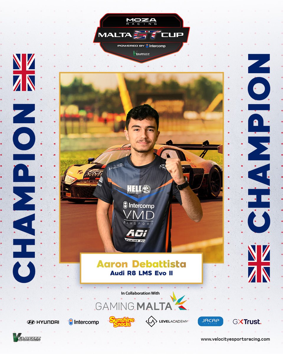 Velocity Esports Racing (@velocitymt) on Twitter photo โญ CHAMPION โญ
Aaron Debattista takes home the Moza Racing Malta GT Cup, with four wins to his name! Join us in celebrating Aaron's fantastic achievement! โญ CHAMPION โญ
Aaron Debattista takes home the Moza Racing Malta GT Cup, with four wins to his name! Join us in celebrating Aaron's fantastic achievement!