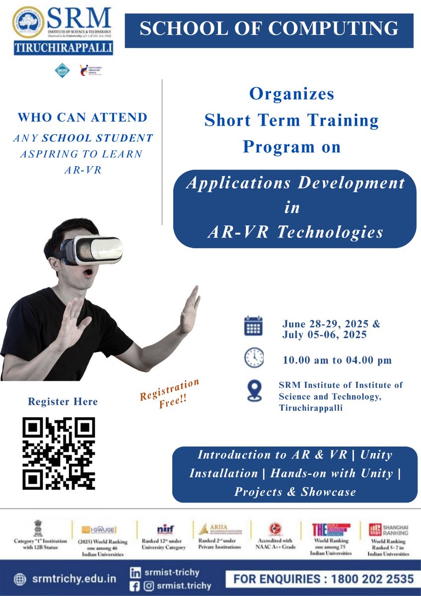 srmist_trichy's tweet image. 🕶️✨ Step into the Future with AR-VR!
#SRMIST #ARVRTraining #SchoolOfComputing #FutureTech #SRMTrichy #VirtualReality #AugmentedReality #Unity3D #TechEducation #FreeWorkshop #StudentInnovation #STEMEducation #NextGenTech