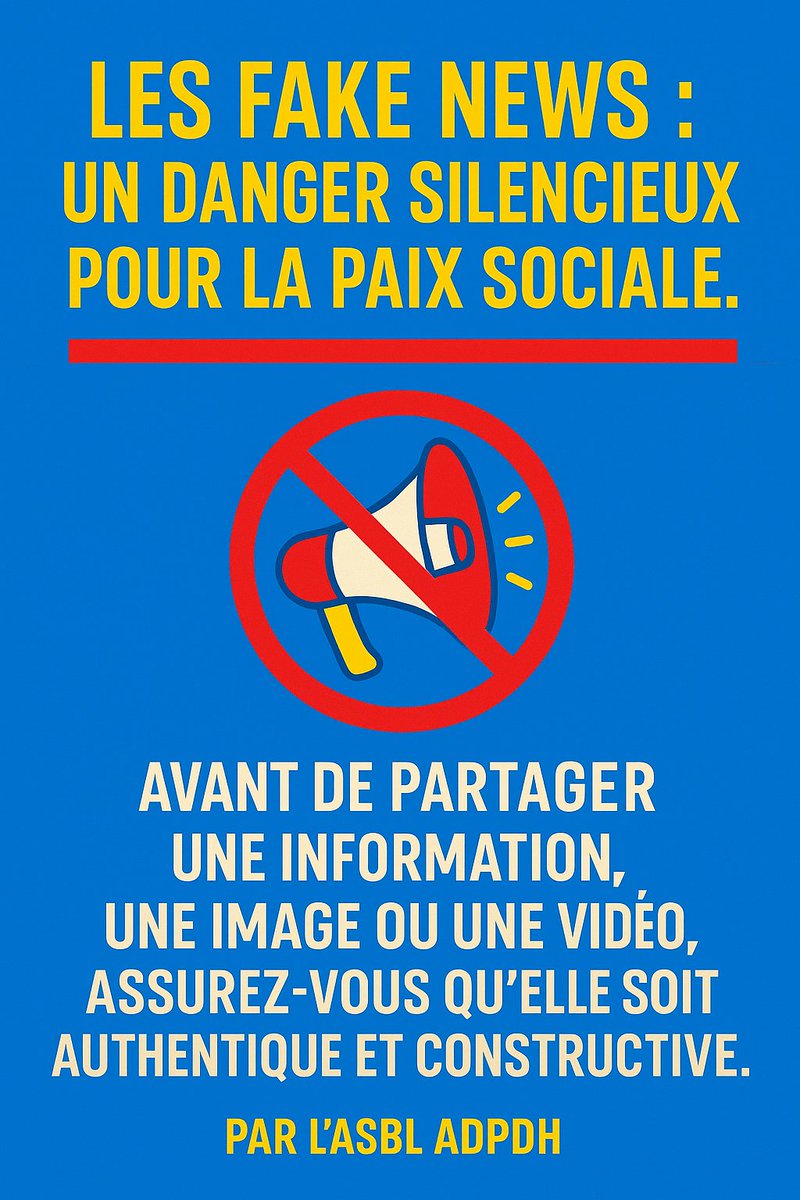 AdpdhAsbl's tweet photo. 🚨 Les fake news sont un poison silencieux pour la paix sociale.
Avant de partager une info, une image ou une vidéo : vérifiez l’authenticité.
La vérité protège, le mensonge divise. https://t.co/pkVtU48bh2