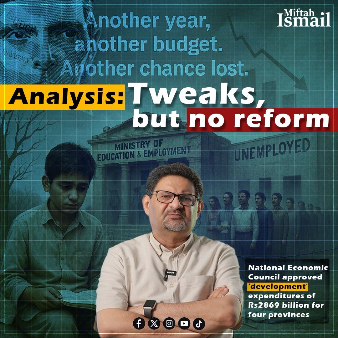Another year, another budget. An opportunity missed. How many more kids need to remain uneducated before we mend our ways? How many more young women or men will remain unemployed before we reform our governance? 

My thoughts on the budget:
thenews.com.pk/print/1320024-…
