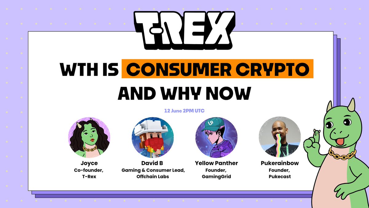 T-REX 🦖 (@trex_chain) on Twitter photo ‘Consumer crypto is just speculation.’
WAIT, is it though?
🦖 Join us this Thursday, June 12, at 2PM UTC with our Co-founder <a href="/joyceyim/">joyce | EVG</a> , <a href="/CocoraEth/">David B 🎮</a> , <a href="/yellowpantherx/">yellowpanther 💎</a> and <a href="/pukerrainbrow/">Pukerainbow 🤮🌈</a> for our first spaces on ‘WTH is consumer crypto’. ‘Consumer crypto is just speculation.’
WAIT, is it though?
🦖 Join us this Thursday, June 12, at 2PM UTC with our Co-founder <a href="/joyceyim/">joyce | EVG</a> , <a href="/CocoraEth/">David B 🎮</a> , <a href="/yellowpantherx/">yellowpanther 💎</a> and <a href="/pukerrainbrow/">Pukerainbow 🤮🌈</a> for our first spaces on ‘WTH is consumer crypto’.