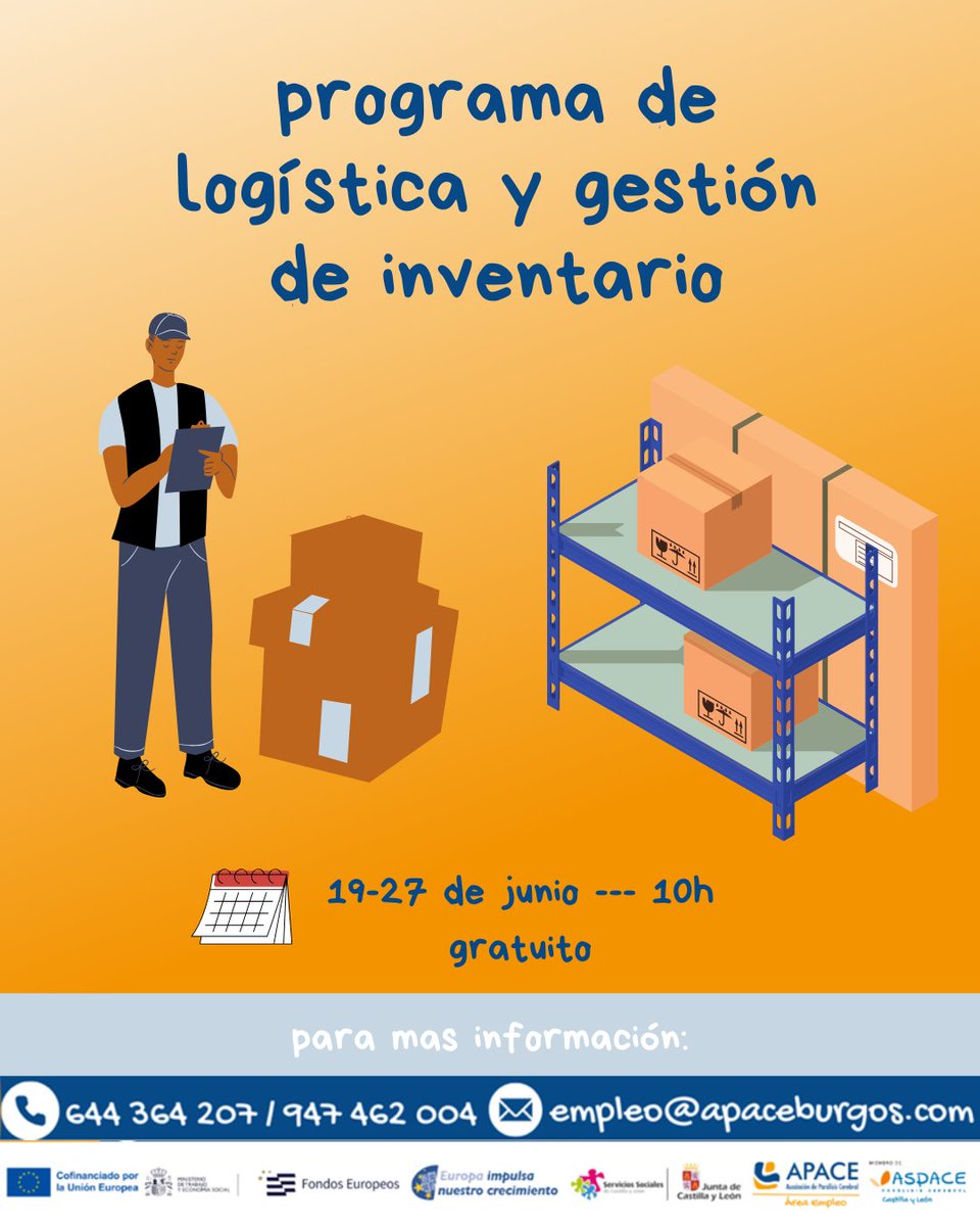 APACE Burgos (@apaceburgos) on Twitter photo 📢Inscripciones Abiertas
¿Te gustaría aprender sobre logística y gestión de inventario? ¡Este curso es para ti!
Cofinanciada por la Gerencia de Servicios Sociales de la Junta de Castilla y León <a href="/jcyl/">Junta de Castilla y León</a>, la Consejería de <a href="/familiajcyl/">Familia Castilla y León</a> y <a href="/EU_Social/">EU Social 🇪🇺</a> 📢Inscripciones Abiertas
¿Te gustaría aprender sobre logística y gestión de inventario? ¡Este curso es para ti!
Cofinanciada por la Gerencia de Servicios Sociales de la Junta de Castilla y León <a href="/jcyl/">Junta de Castilla y León</a>, la Consejería de <a href="/familiajcyl/">Familia Castilla y León</a> y <a href="/EU_Social/">EU Social 🇪🇺</a>