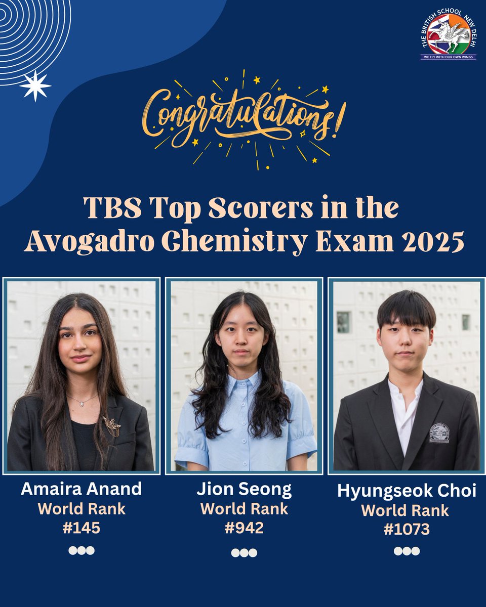 TBS_Delhi's tweet image. The results for the Avogadro Chemistry Exam 2025 are in! ⚛🧪 Competing against 4,981 students globally, Year 12 students Amaira Anand, Jion Seong and Hyungseok Choi, were the top scorers from TBS. Congratulations to all three! 👏🎉 

#TBSDelhi #TBSCommunity #Avogadro