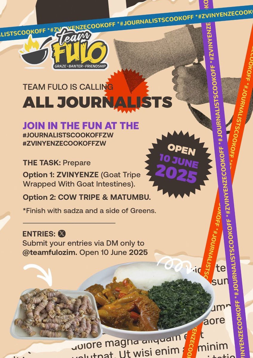 #JournalistsCookOffZW
📣 Come on, Journos ,step up, be bold, and engage your readers and listeners in a whole new way!

Graze brings us together ,now’s the time to trade your mic for a knife and your notepad for a chopping board. Let’s have fun with it!

This is your challenge: