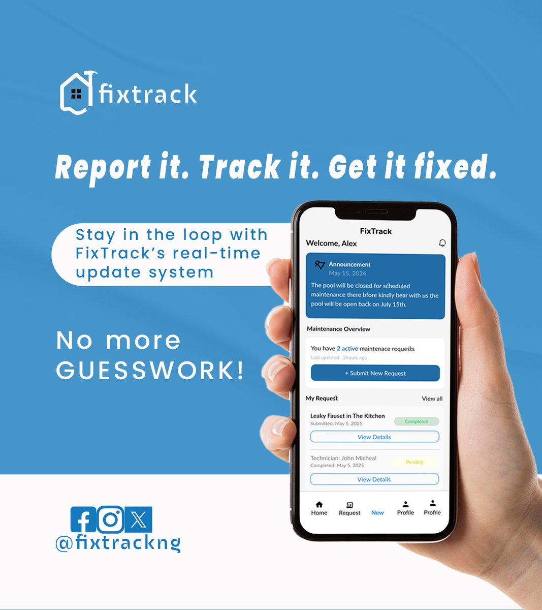 fixtrackng's tweet photo. Report it. Track it. Get it fixed. Stay in the loop with FixTrack’s real-time update system — no more guesswork.

#FixTrack #FixDontStress #PropTech #RealEstateNigeria #NaijaRealEstate #LagosHomes #AbujaHomes #SmartLiving #today  #TenantTips #LandlordLife https://t.co/eUbPGpbhsG