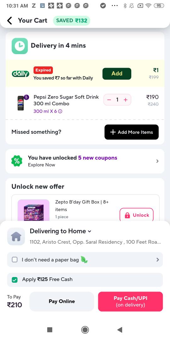 AAB4K's tweet photo. Logic of @ZeptoNow 

Select a product worth ₹190, apply free ₹125 free cash.

Now you have to pay ₹210 😂

(It was free delivery btw 🤣)

@Zero1ByZerodha @AdvisorLaborLaw https://t.co/JSsx3M9qam