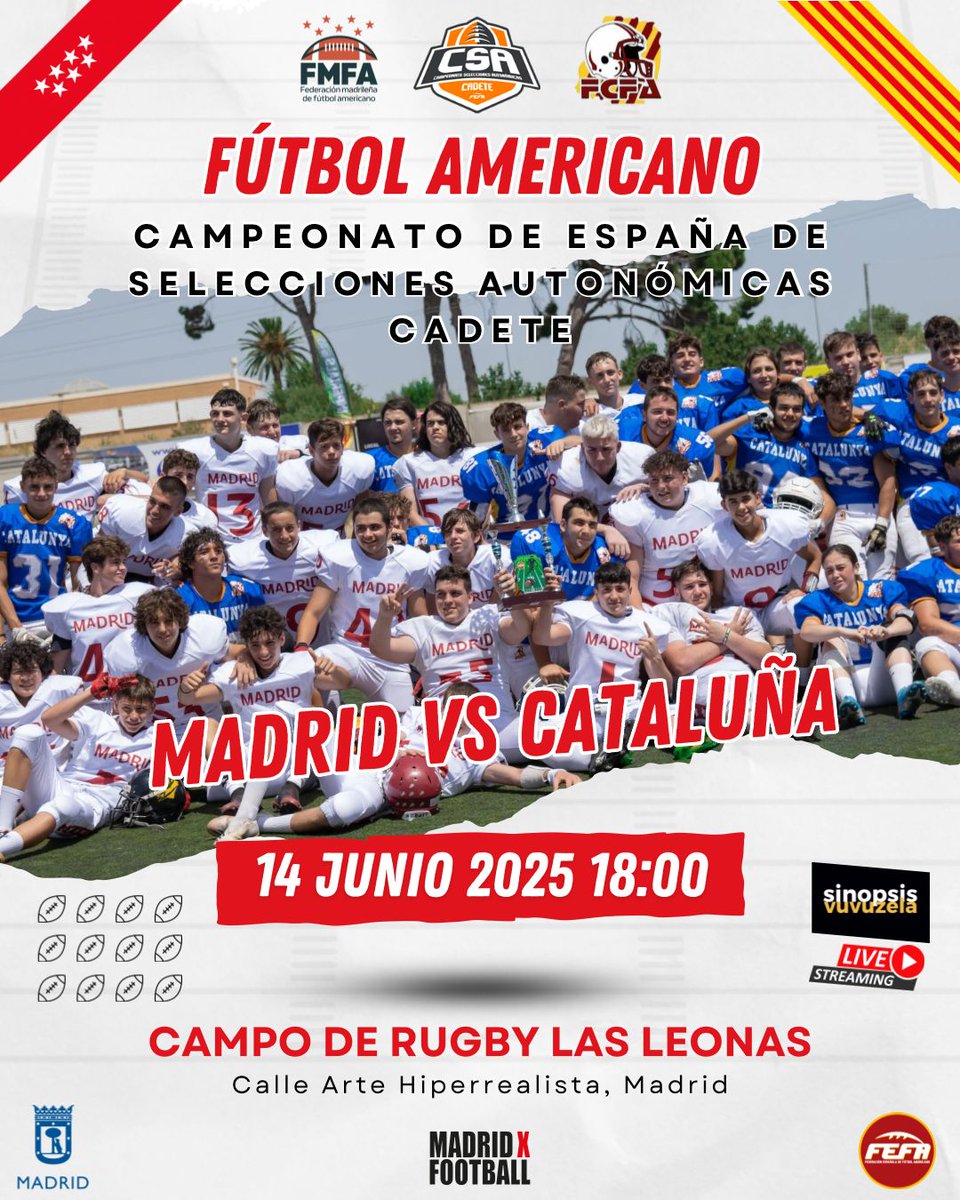 Este próximo sábado se disputará en el campo de rugby de Las Leonas la final del Campeonato que enfrentará a
Madrid contra Cataluña.

La selección madrileña lleva tres títulos consecutivos.

¿Serán capaces de conseguir el cuarto campeonato?