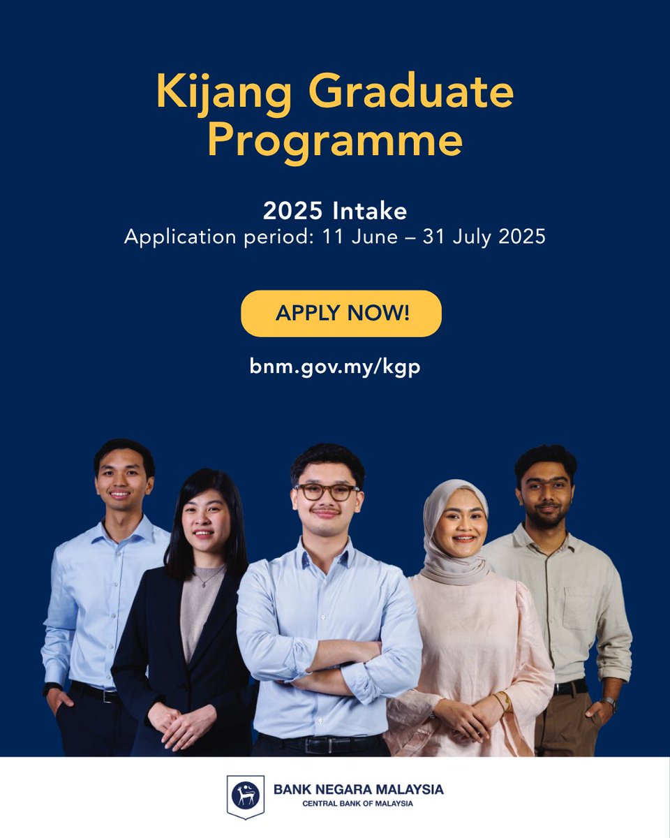 BNM_official's tweet photo. Sertai kami dalam membentuk masa depan negara!
Permohonan untuk Program Graduan Kijang (KGP) kini dibuka sehingga 31 Julai 2025. Hantar permohonan anda sekarang melalui https://t.co/KYvALlmk1R. Jangan lepaskan peluang untuk berkhidmat #DemiNegara!
__
Join us in shaping the future of our nation!
The application for our Kijang Graduate Programme (KGP) is now open until 31 July 2025. Submit your application now via https://t.co/KYvALlmk1R. Donโt miss out on this incredible opportunity to serve #DemiNegara!
#BNMKGP #kijanggraduate #graduate #career #centralbanker