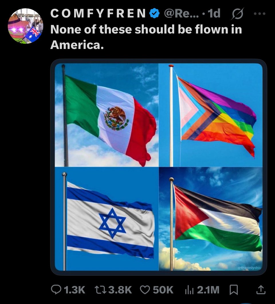 UnknowndudeZ_1's tweet image. Dude acts like a flag is gonna hurt him… I’d maybe understand 3 of them, but a pride flag? For what? But still- it’s an object that has no mind. A flag cannot hurt you unless someone physically hits you with it- you can fly any flag you want. Freedom of speech guys!
