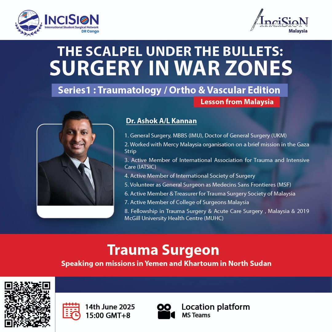 Don't miss out this opportunity to hear our expert surgeons share about their experiences in war zones . 🔗 Scan the QR code or click the link to register
docs.google.com/forms/d/e/1FAI… . 😊 

Free for all, certificate provided