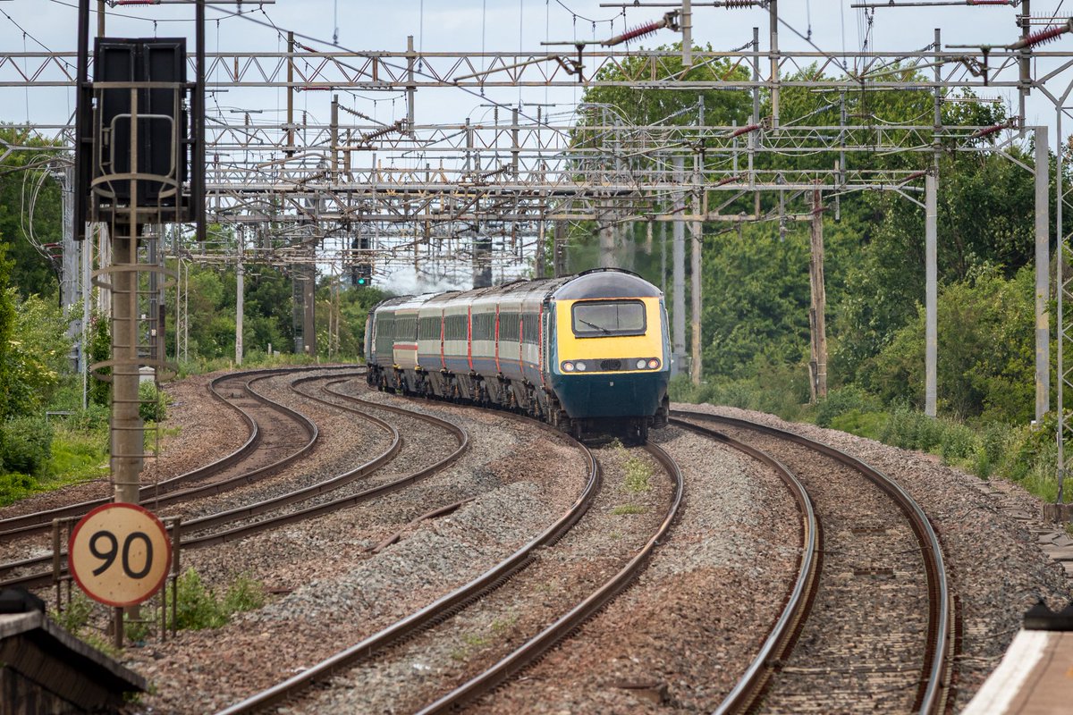 Wonderful curves at Wolverton, <a href="/125Group/">125 Group</a> 43159 Rio Warrior brings up the rear as 43089 leads ECS 3E43, Wembley to Barrow Hill, following the previous days tour.
I need to try shooting Pendolinos through here with a longer lens! 
01-Jun-25